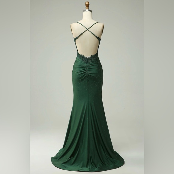 Hellymoon Dark Green Mermaid Spaghetti Strap Long Prom Dress w/ Appliqués Size 2 - Picture 2 of 16